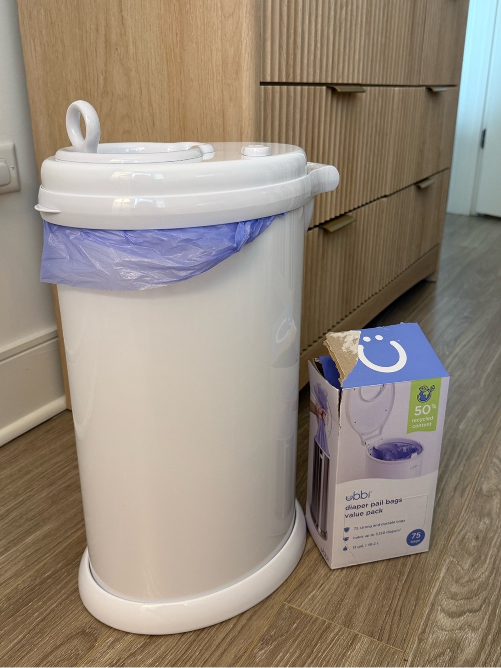 Ubbi White Diaper Pail with Purple Liners